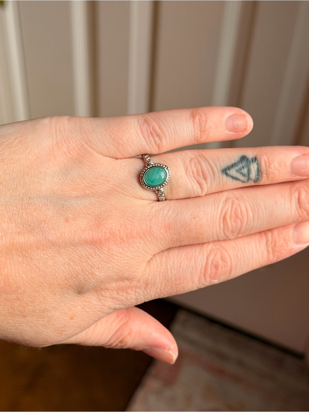 Silver Plated Oval Amazonite Stone Ring - adjustable